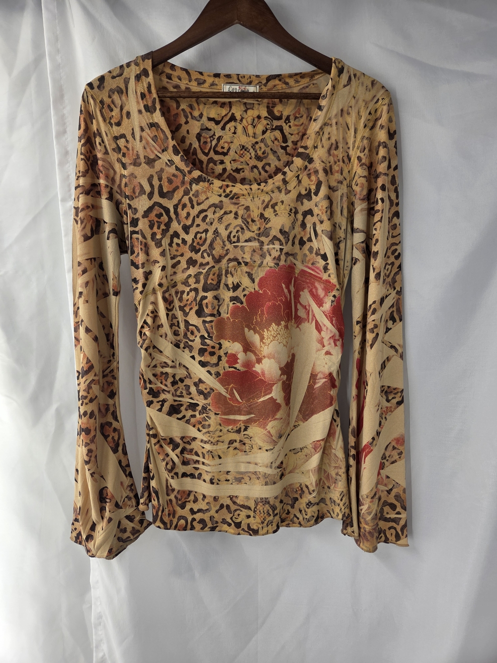 VINTAGE Y2K Love Amour Sheer Mesh Cheetah Floral Tattoo Graphic Top Large L